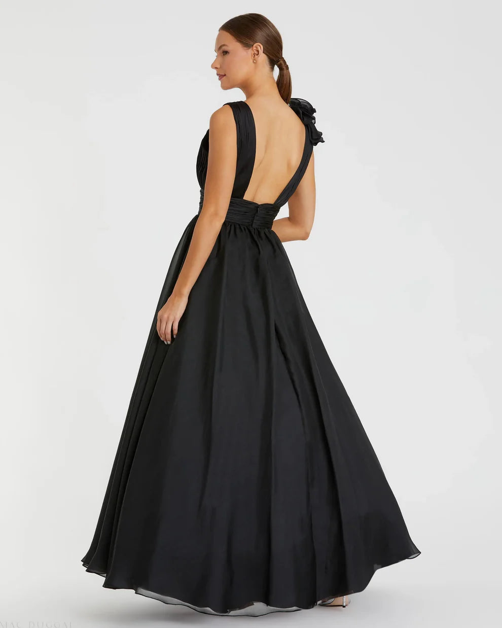 Mac Duggal 9948856P Petite Pink Ruffle Shoulder V-Neck Chiffon Gown