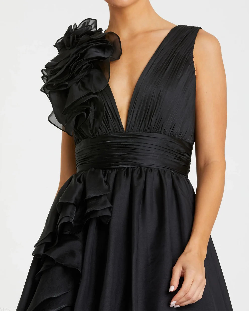 Mac Duggal 9948856P Petite Pink Ruffle Shoulder V-Neck Chiffon Gown