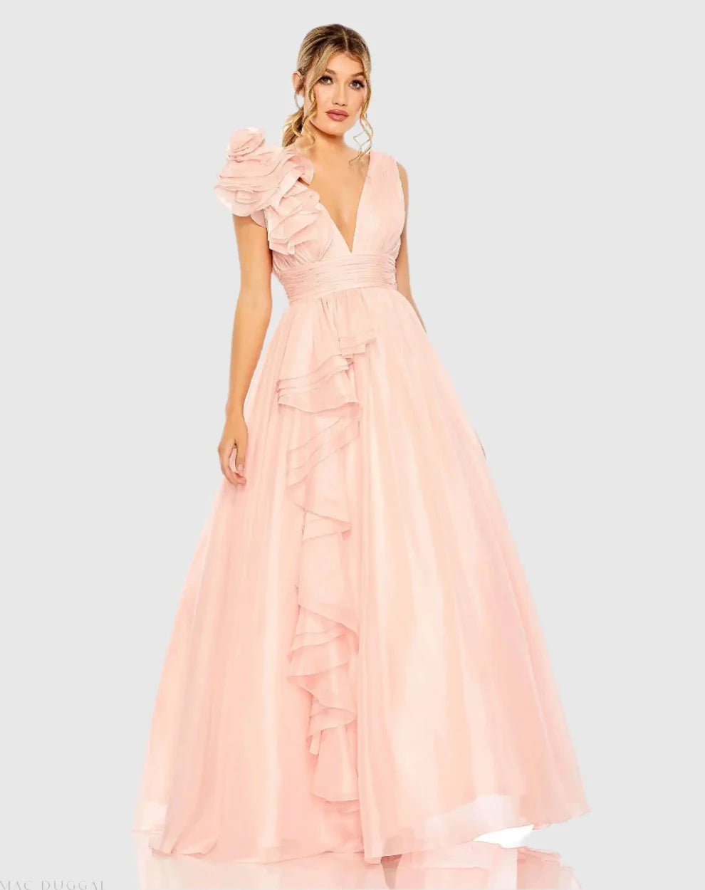 Mac Duggal 9948856P Petite Pink Ruffle Shoulder V-Neck Chiffon Gown