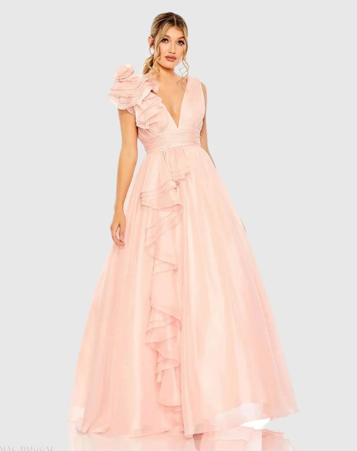 Mac Duggal 9948856P Petite Pink Ruffle Shoulder V-Neck Chiffon Gown