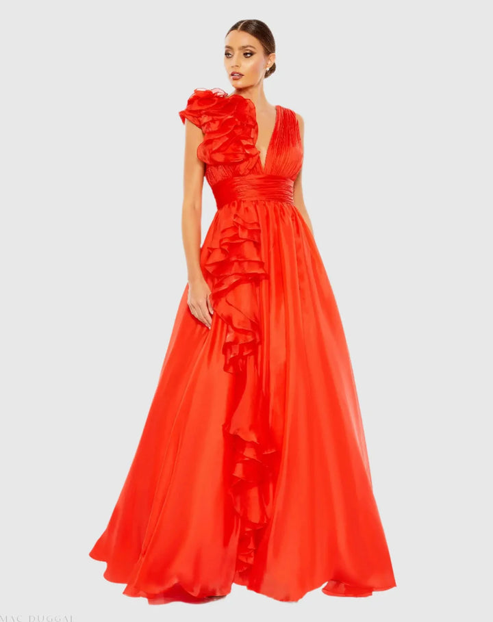 Mac Duggal 9948856P Petite Pink Ruffle Shoulder V-Neck Chiffon Gown