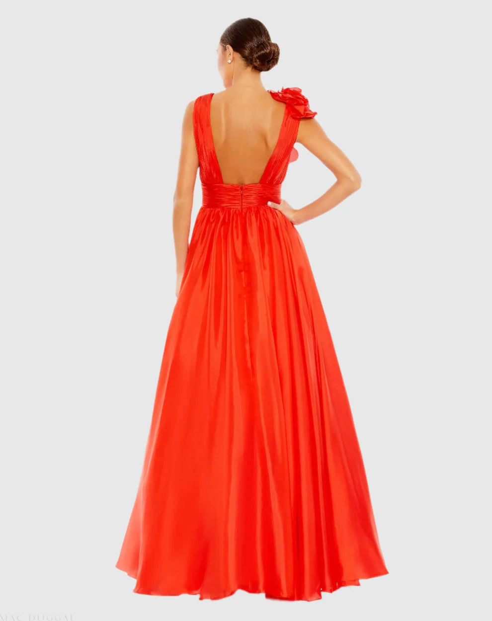 Mac Duggal 9948856P Petite Pink Ruffle Shoulder V-Neck Chiffon Gown