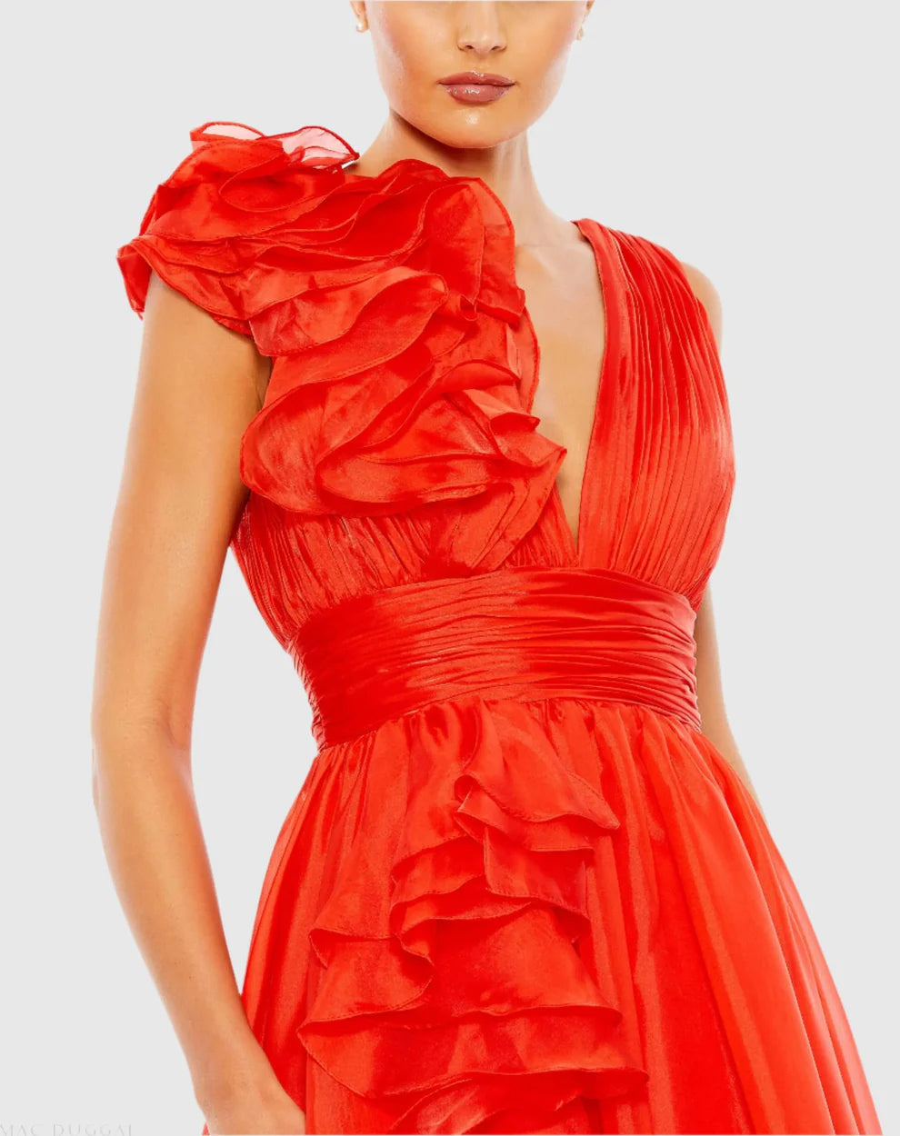 Mac Duggal 9948856P Petite Pink Ruffle Shoulder V-Neck Chiffon Gown