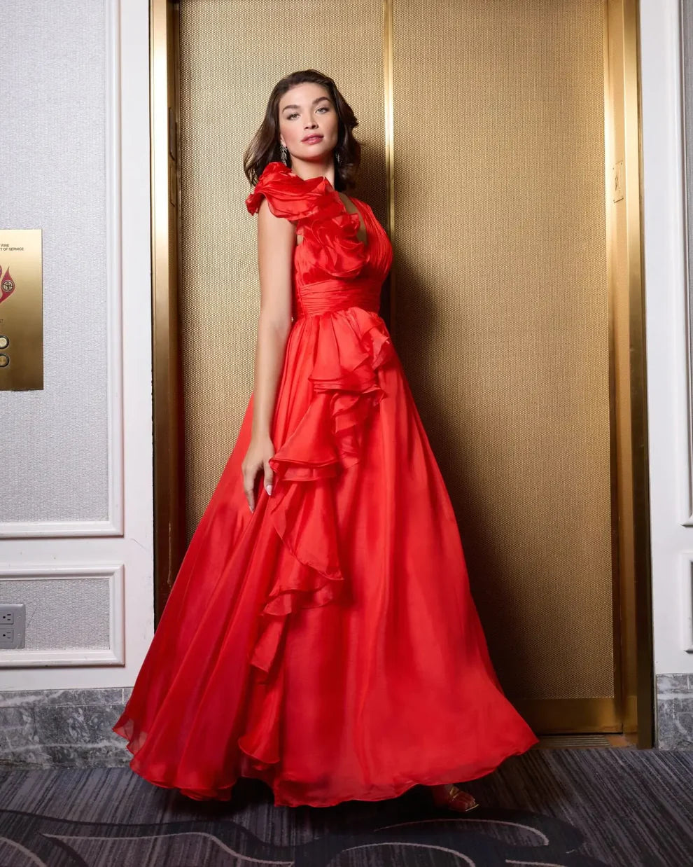 Mac Duggal 9948856P Petite Pink Ruffle Shoulder V-Neck Chiffon Gown