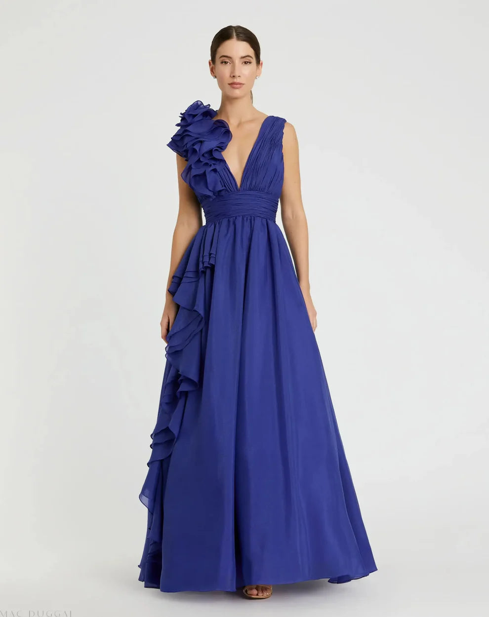 Mac Duggal 9948856P Petite Pink Ruffle Shoulder V-Neck Chiffon Gown