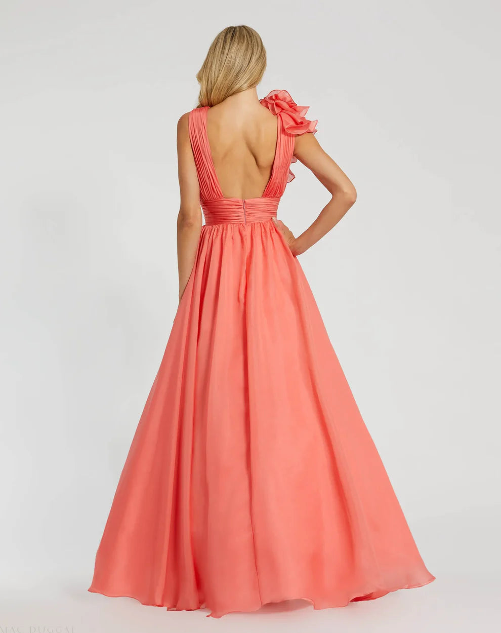 Mac Duggal 9948856P Petite Pink Ruffle Shoulder V-Neck Chiffon Gown
