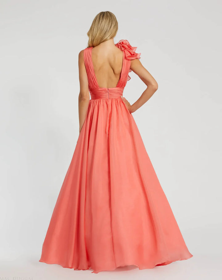 Mac Duggal 9948856P Petite Pink Ruffle Shoulder V-Neck Chiffon Gown
