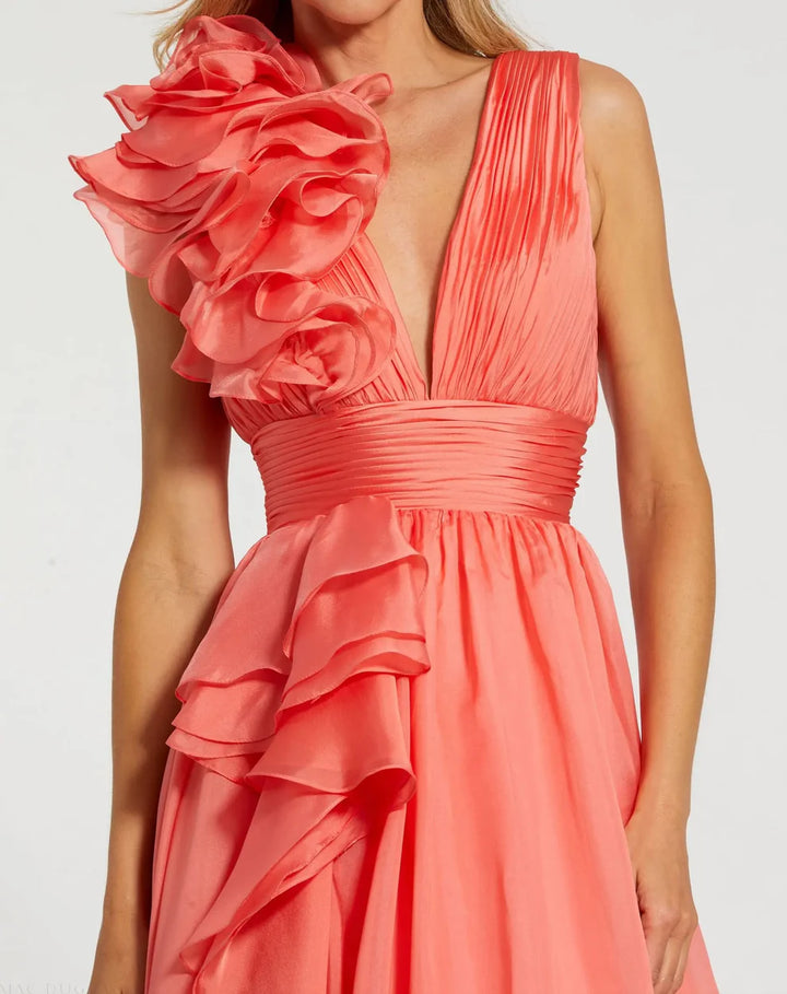 Mac Duggal 9948856P Petite Pink Ruffle Shoulder V-Neck Chiffon Gown