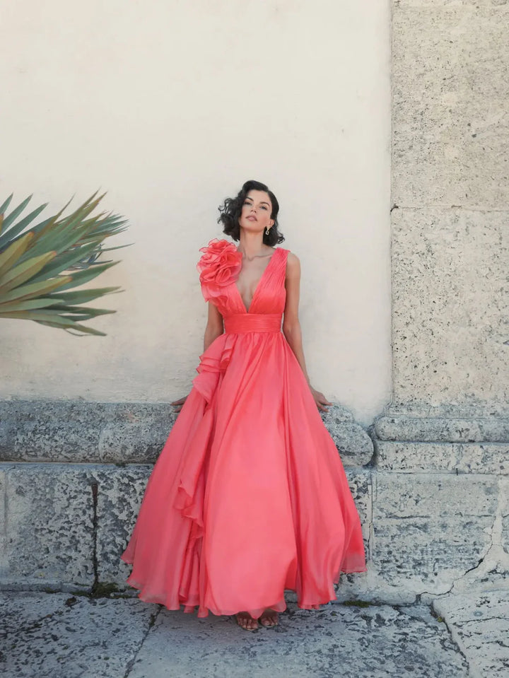 Mac Duggal 9948856P Petite Pink Ruffle Shoulder V-Neck Chiffon Gown