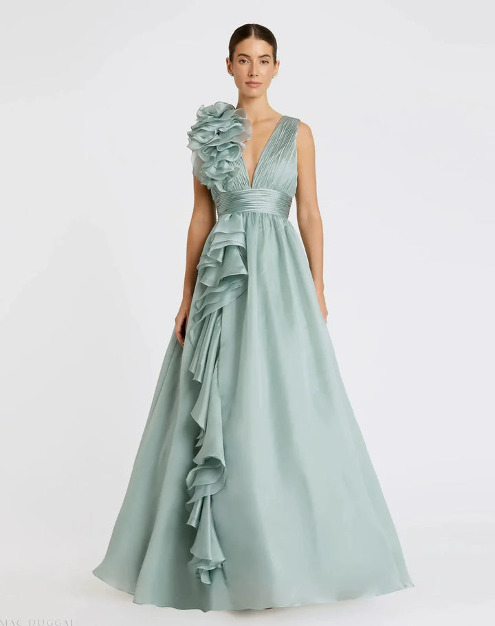 Mac Duggal 9948856P Petite Pink Ruffle Shoulder V-Neck Chiffon Gown