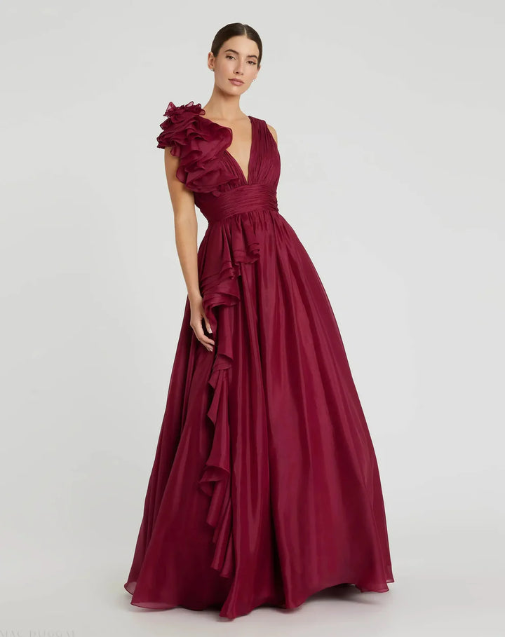 Mac Duggal 9948856P Petite Pink Ruffle Shoulder V-Neck Chiffon Gown