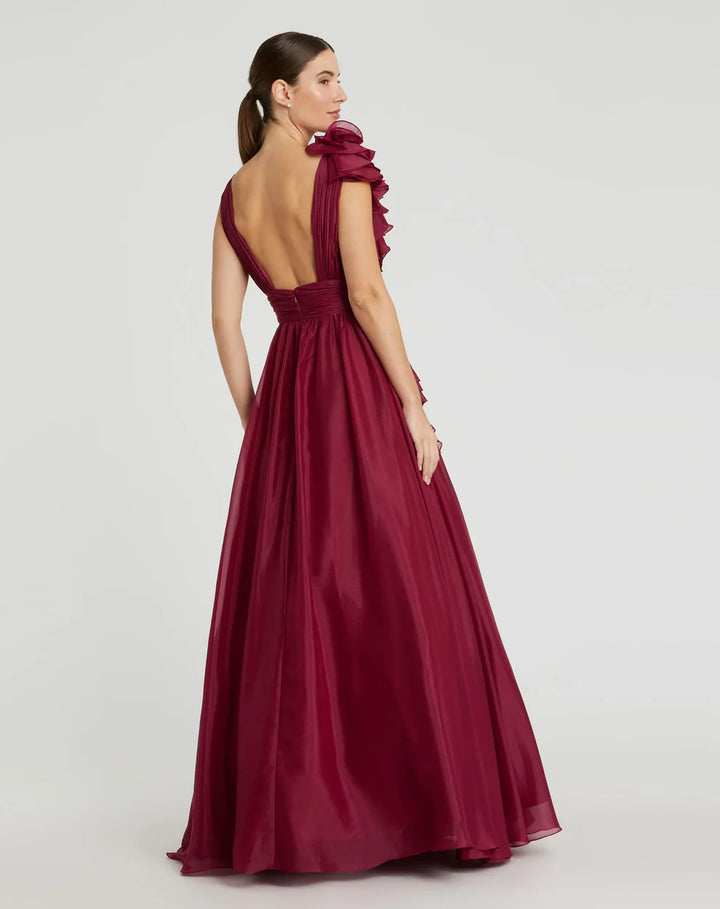 Mac Duggal 9948856P Petite Pink Ruffle Shoulder V-Neck Chiffon Gown