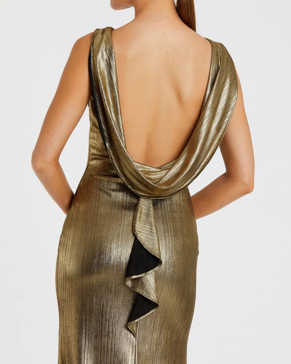 Mac Duggal 9949087P Petite Metallic Jersey Cowl Back Column Gown