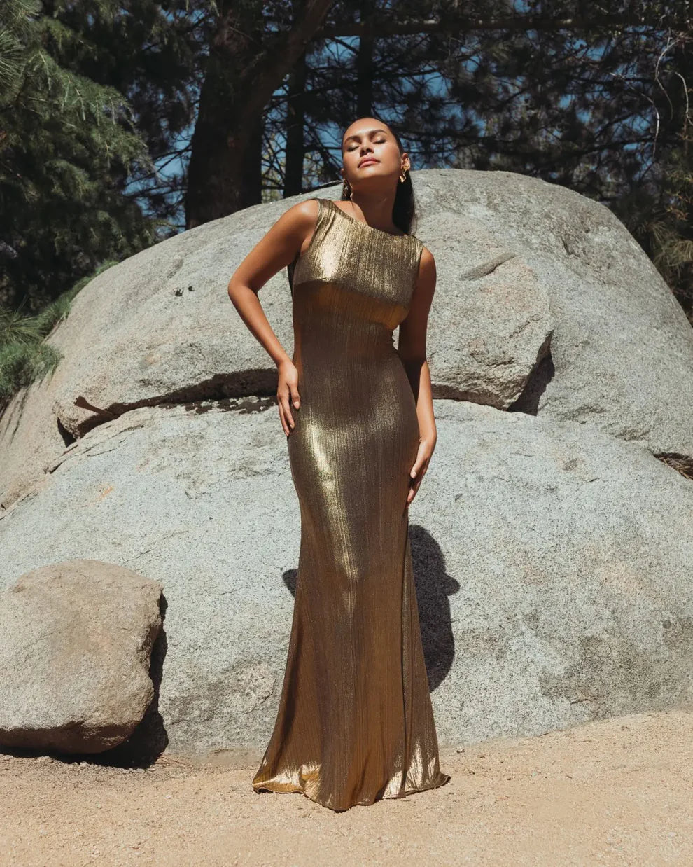 Mac Duggal 9949087P Petite Metallic Jersey Cowl Back Column Gown