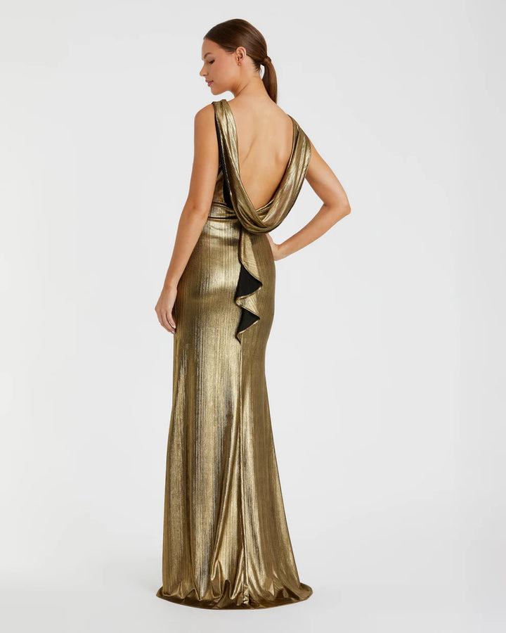 Mac Duggal 9949087P Petite Metallic Jersey Cowl Back Column Gown