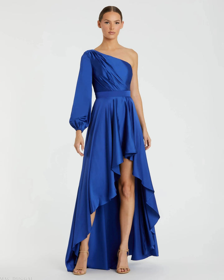Mac Duggal 49141 Dark Long Sleeve One Shoulder Satin High Low A-line Gown