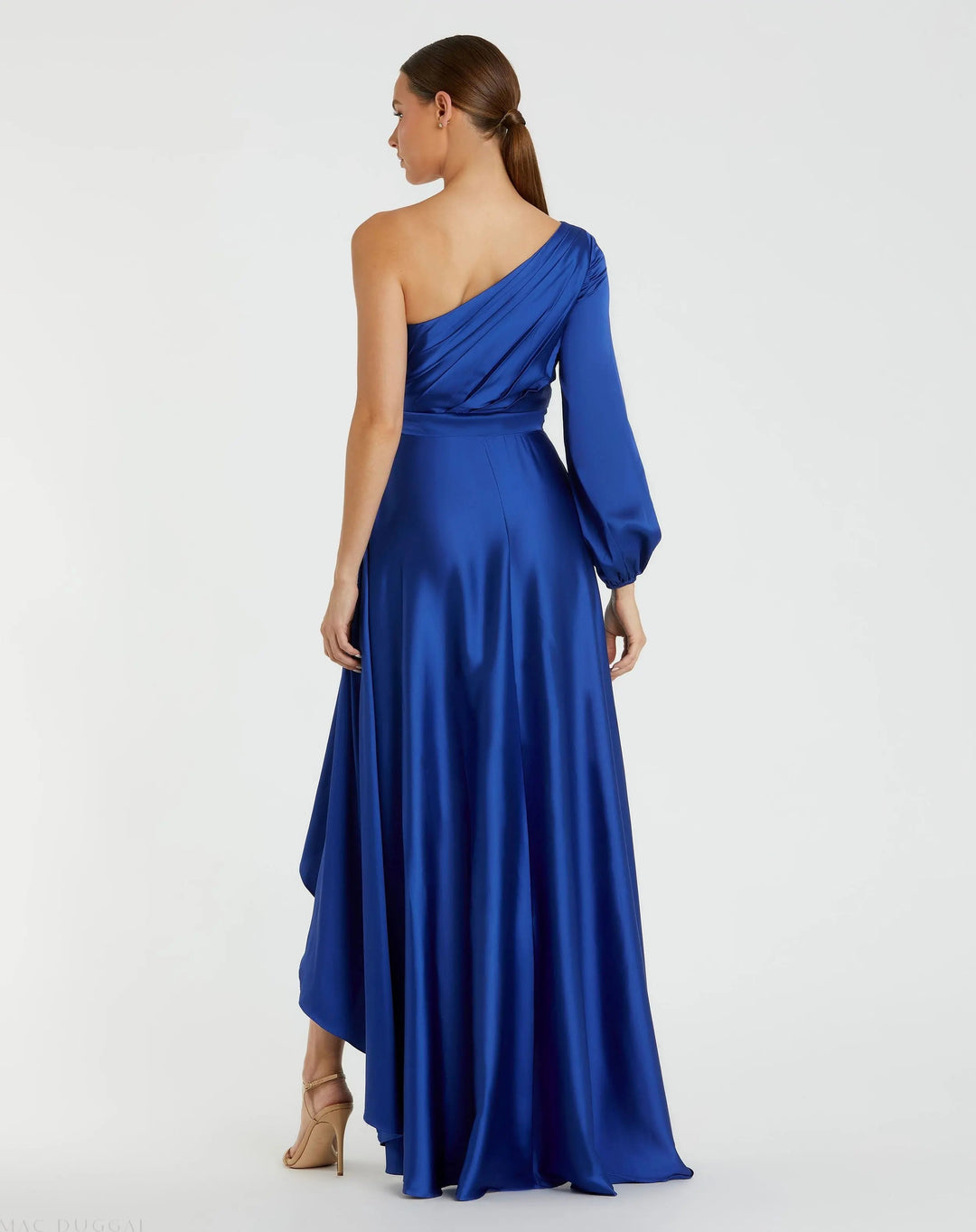Mac Duggal 49141 Dark Long Sleeve One Shoulder Satin High Low A-line Gown