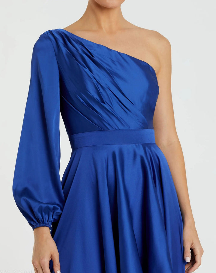 Mac Duggal 49141 Dark Long Sleeve One Shoulder Satin High Low A-line Gown