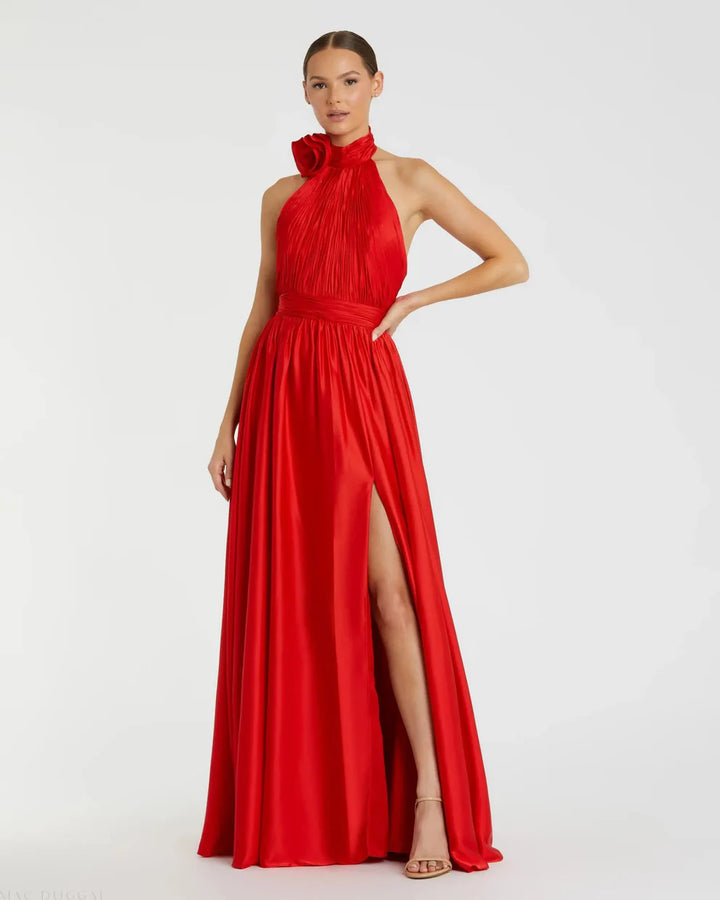 Mac Duggal 49333 Halter Neck Open Back Satin Gown with Slit