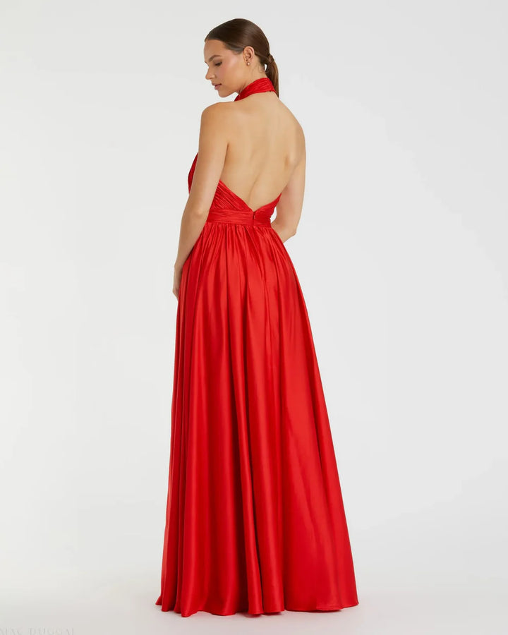 Mac Duggal 49333 Halter Neck Open Back Satin Gown with Slit