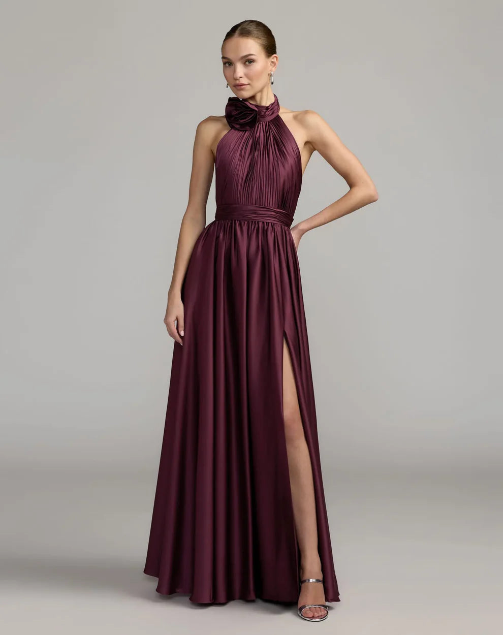 Mac Duggal 49333 Halter Neck Open Back Satin Gown with Slit