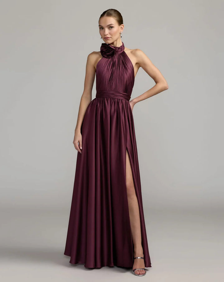 Mac Duggal 49333 Halter Neck Open Back Satin Gown with Slit