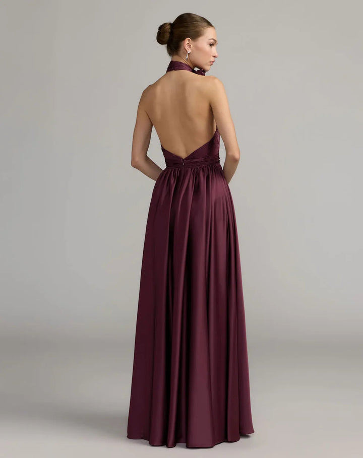 Mac Duggal 49333 Halter Neck Open Back Satin Gown with Slit