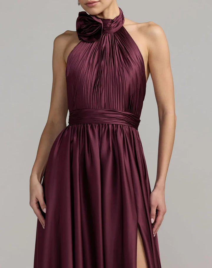Mac Duggal 49333 Halter Neck Open Back Satin Gown with Slit