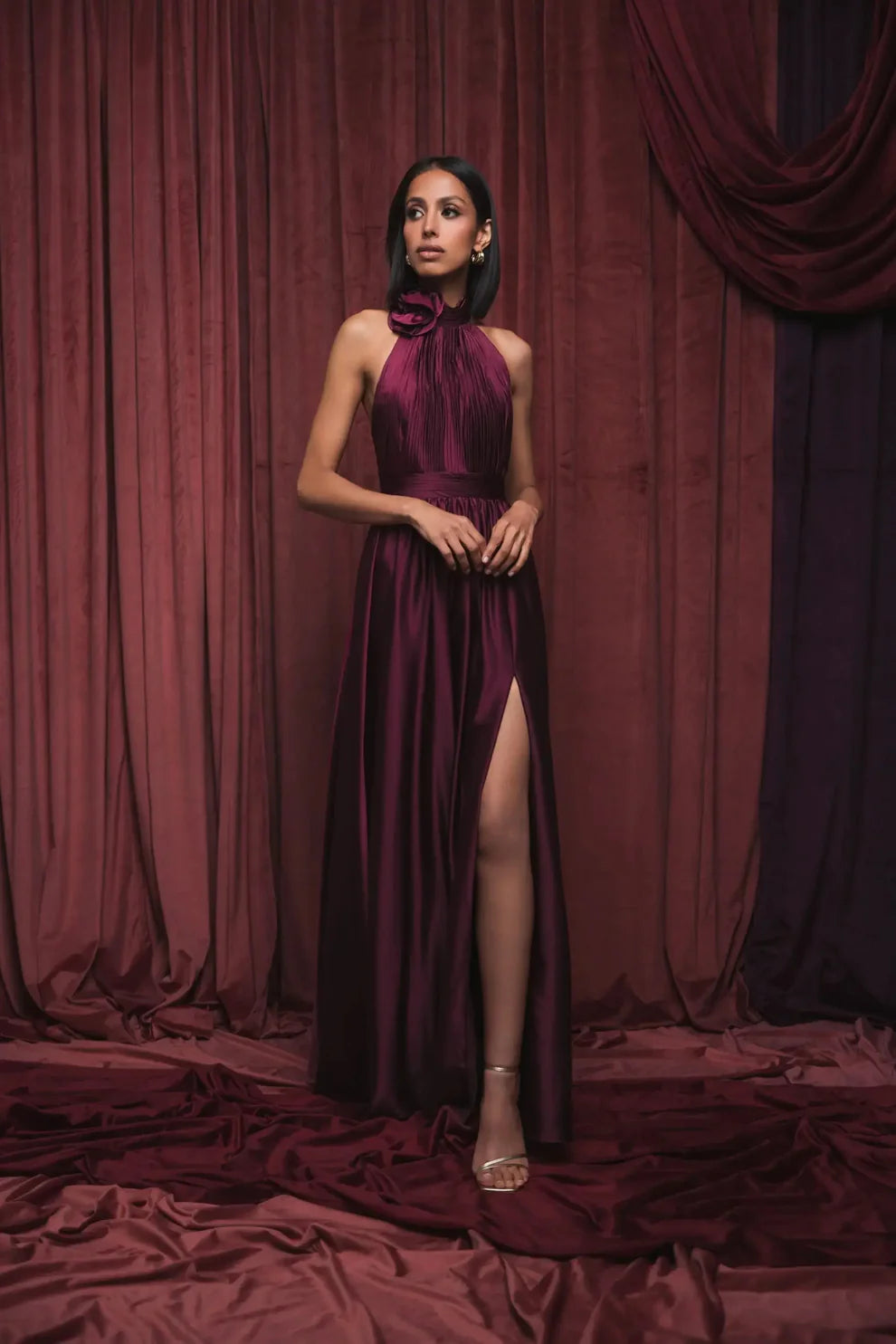 Mac Duggal 49333 Halter Neck Open Back Satin Gown with Slit