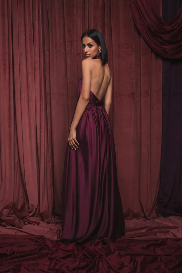 Mac Duggal 49333 Halter Neck Open Back Satin Gown with Slit