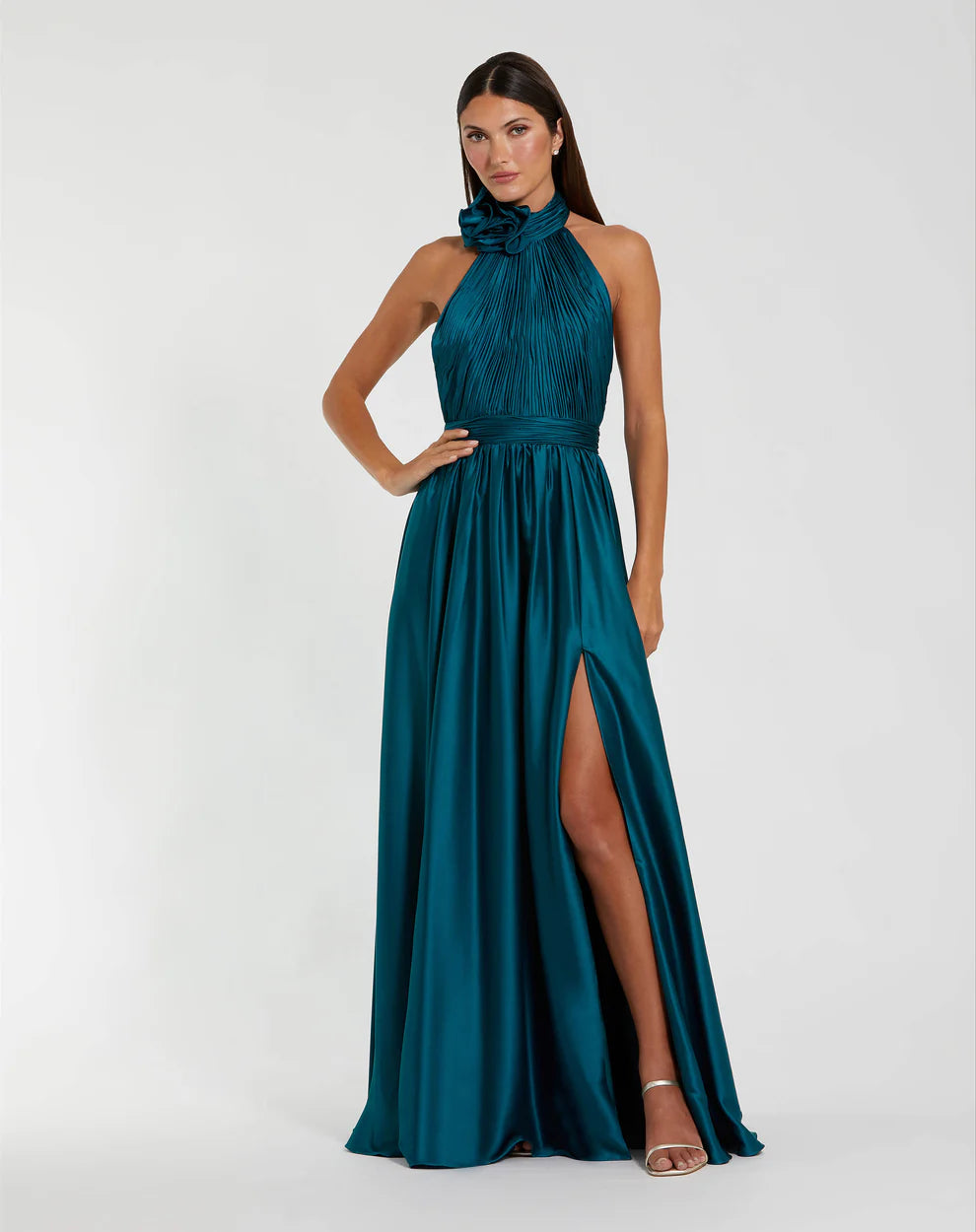 Mac Duggal 49333 Halter Neck Open Back Satin Gown with Slit