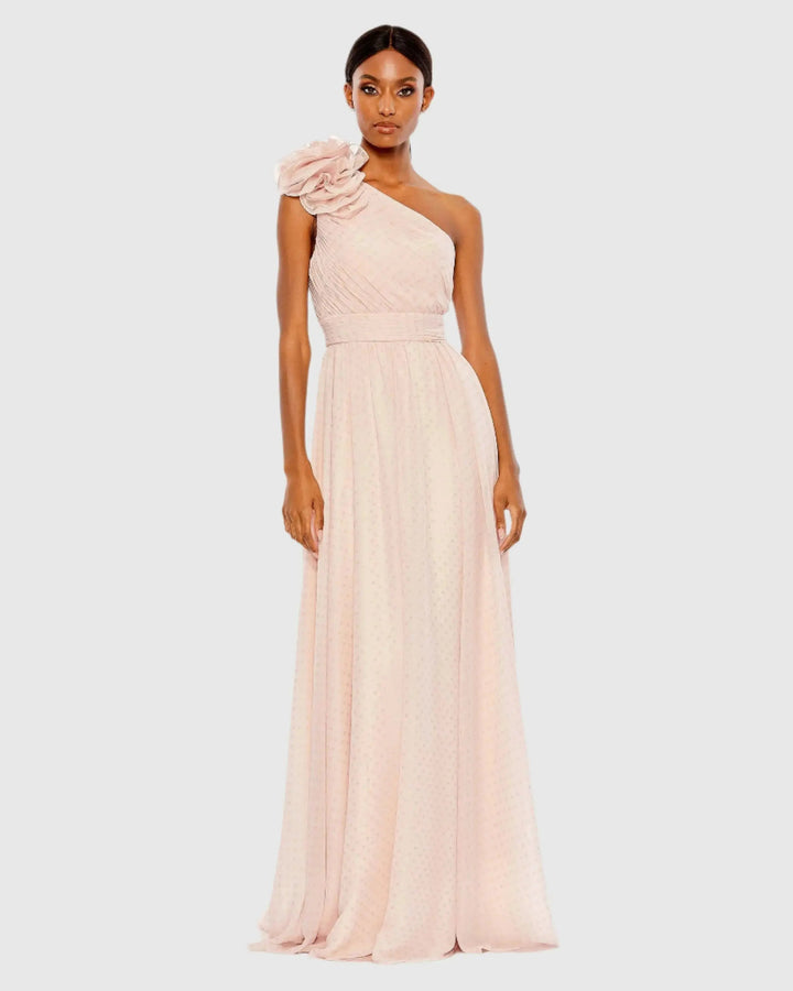 Mac Duggal 49536 One Shoulder Polka Dot Chiffon Gown With Ruffle Detail