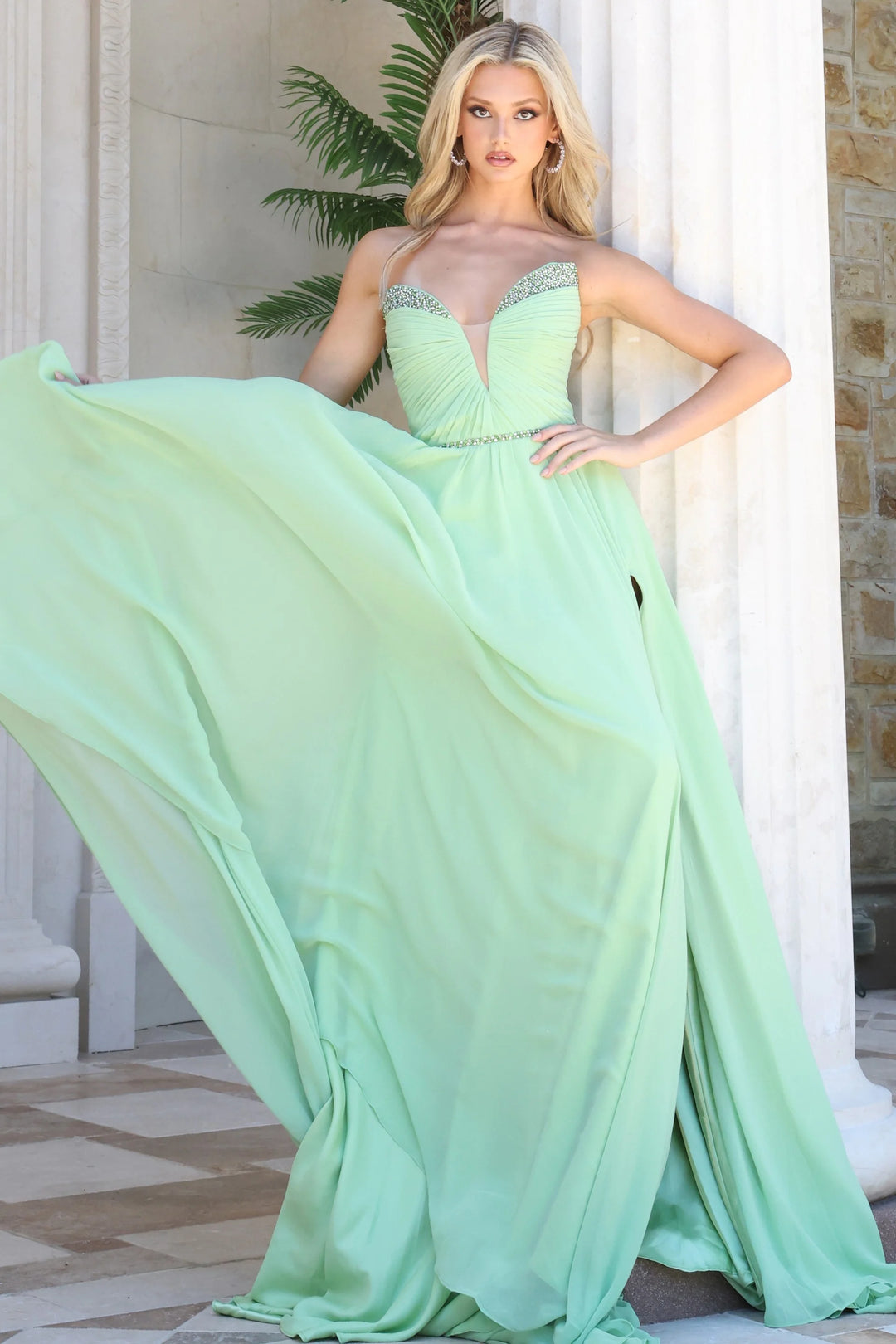Jovani 49536 Strapless Coral Chiffon A-Line Gown