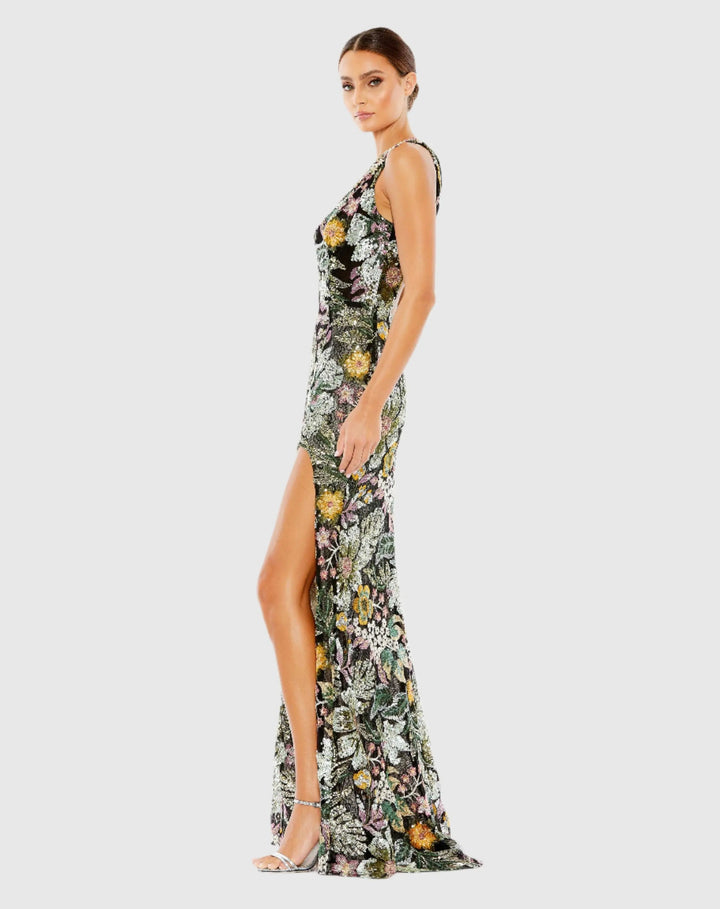 Mac Duggal 49574 Floral Sequined Embroidered One Shoulder Trumpet Gown