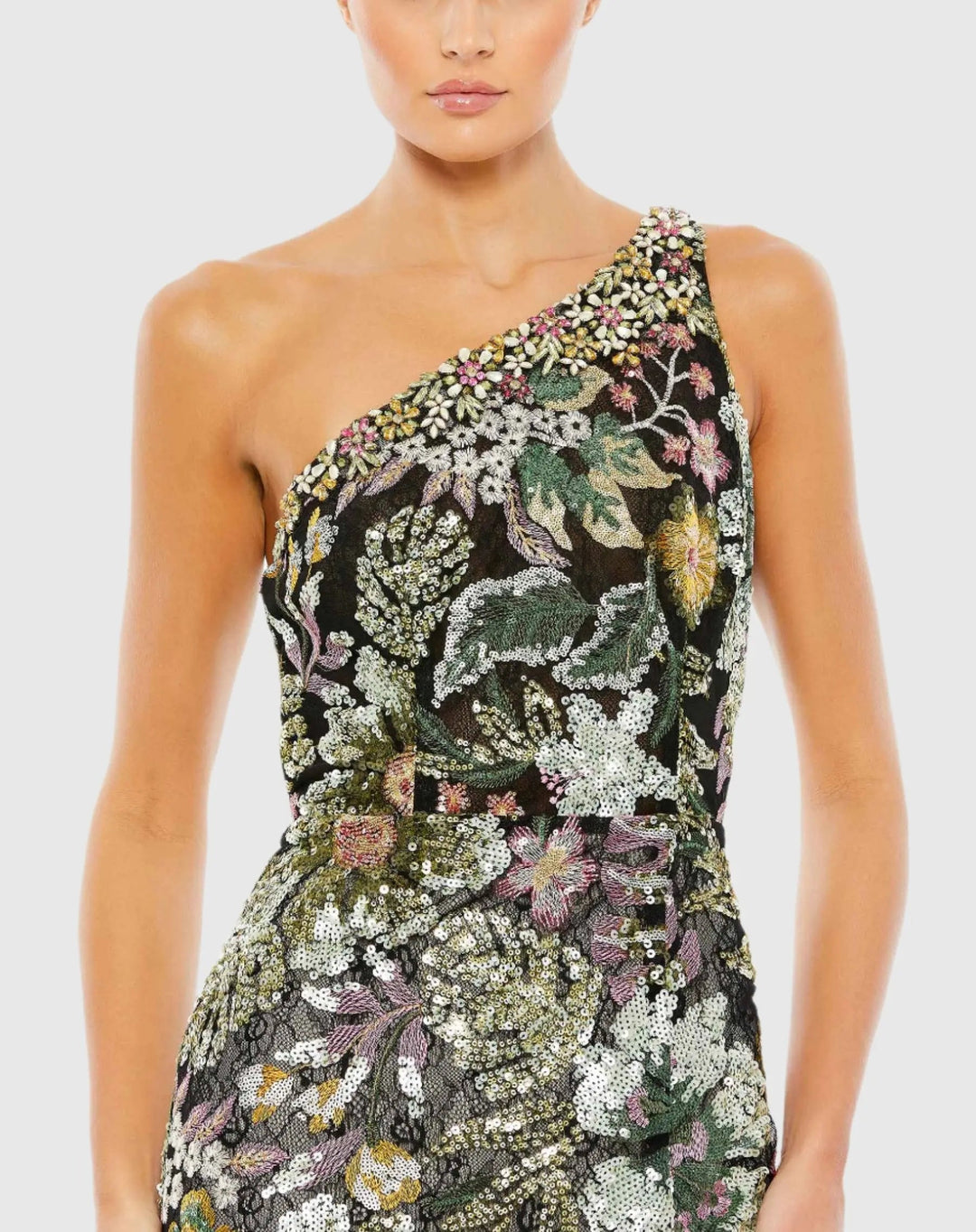 Mac Duggal 49574 Floral Sequined Embroidered One Shoulder Trumpet Gown