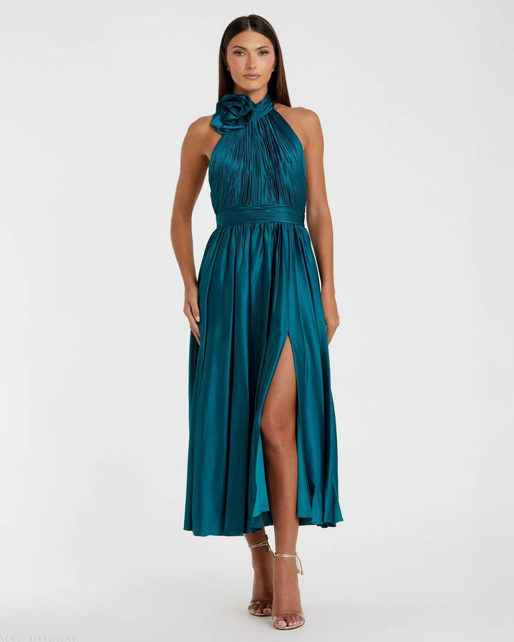Mac Duggal 49674 Pleated Charmeuse High Neck Sleeveless Midi Dress
