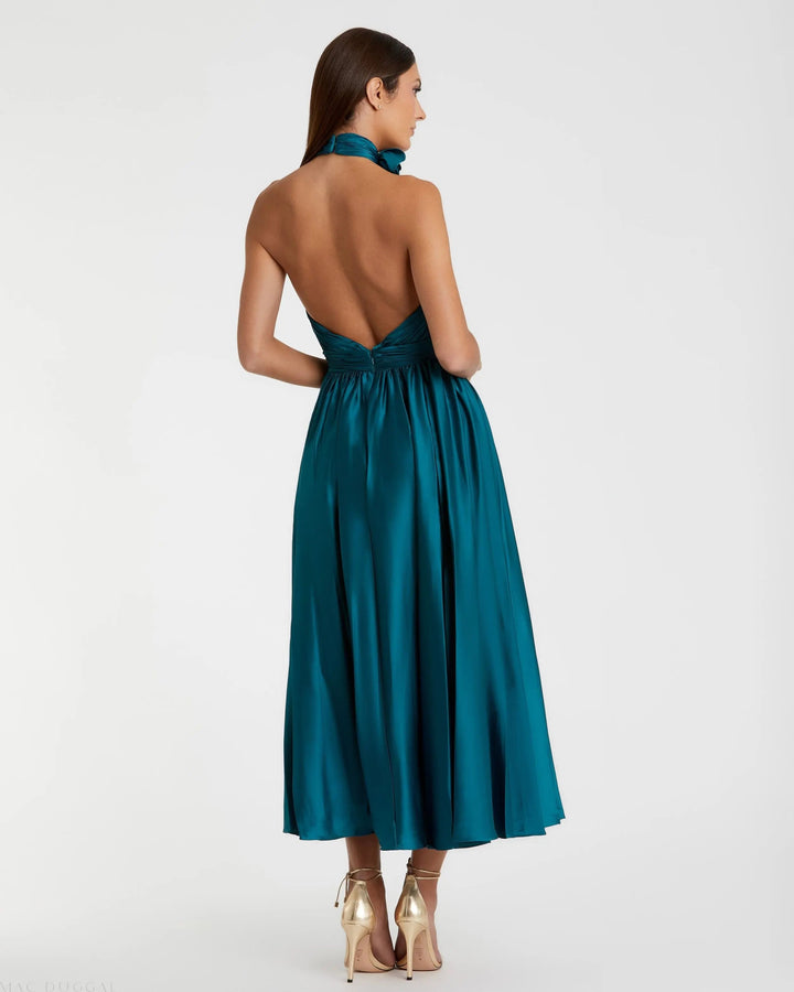 Mac Duggal 49674 Pleated Charmeuse High Neck Sleeveless Midi Dress