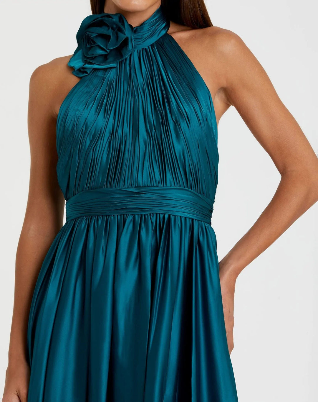 Mac Duggal 49674 Pleated Charmeuse High Neck Sleeveless Midi Dress