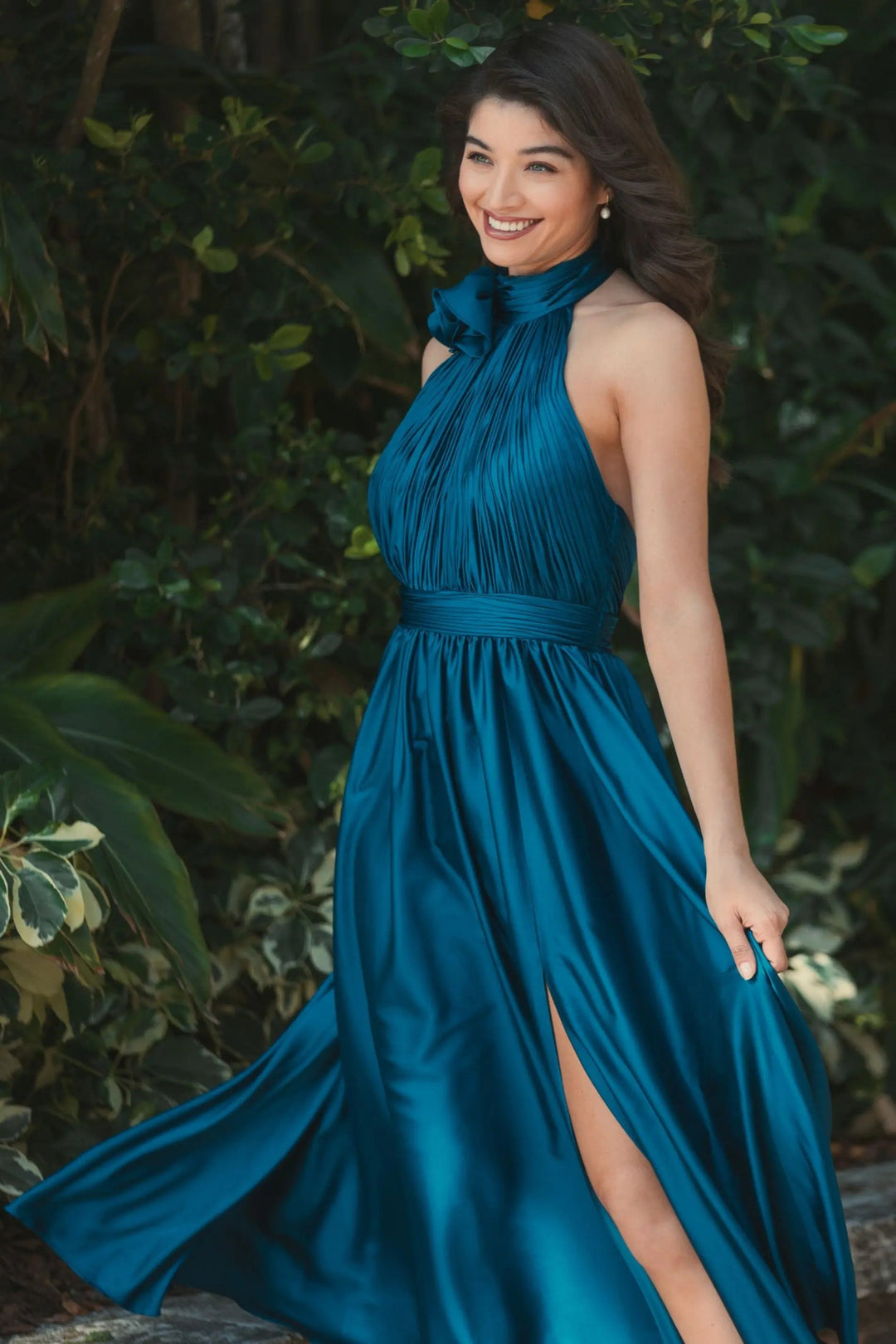Mac Duggal 49674 Pleated Charmeuse High Neck Sleeveless Midi Dress