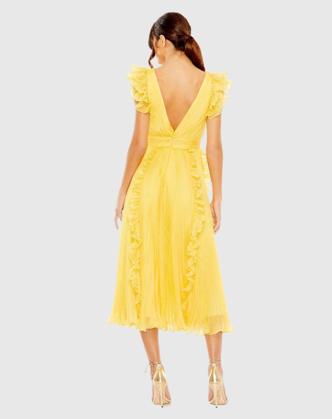 Mac Duggal 49675 Pleated Chiffon V Neck Ruffle Midi Dress