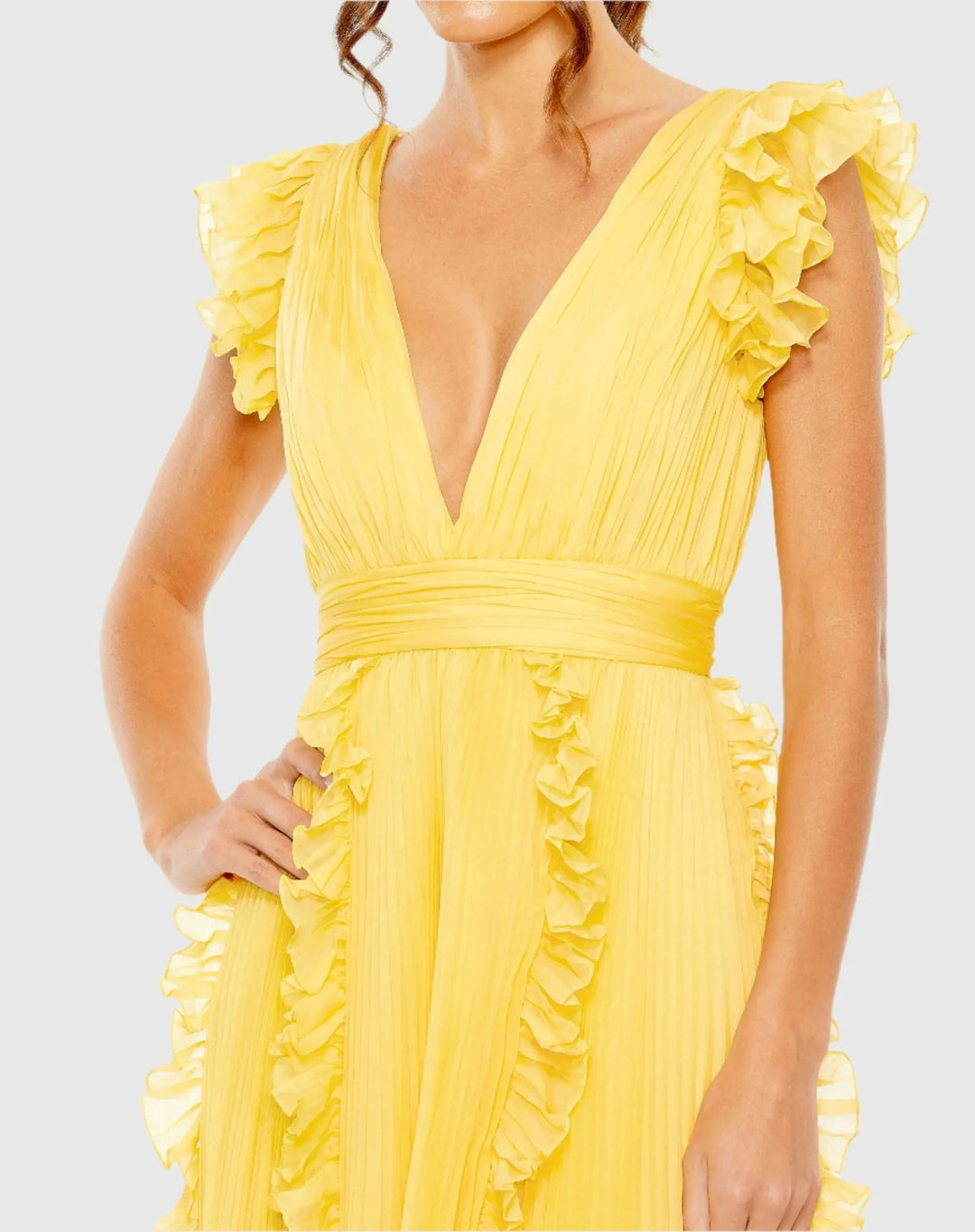 Mac Duggal 49675 Pleated Chiffon V Neck Ruffle Midi Dress