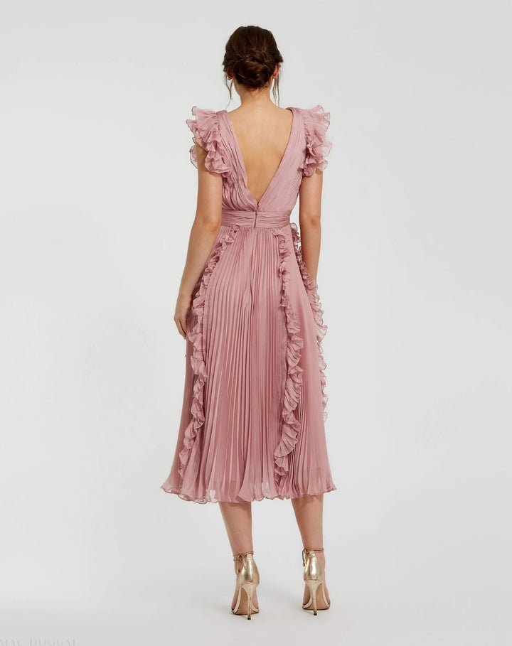 Mac Duggal 49675 Pleated Chiffon V Neck Ruffle Midi Dress