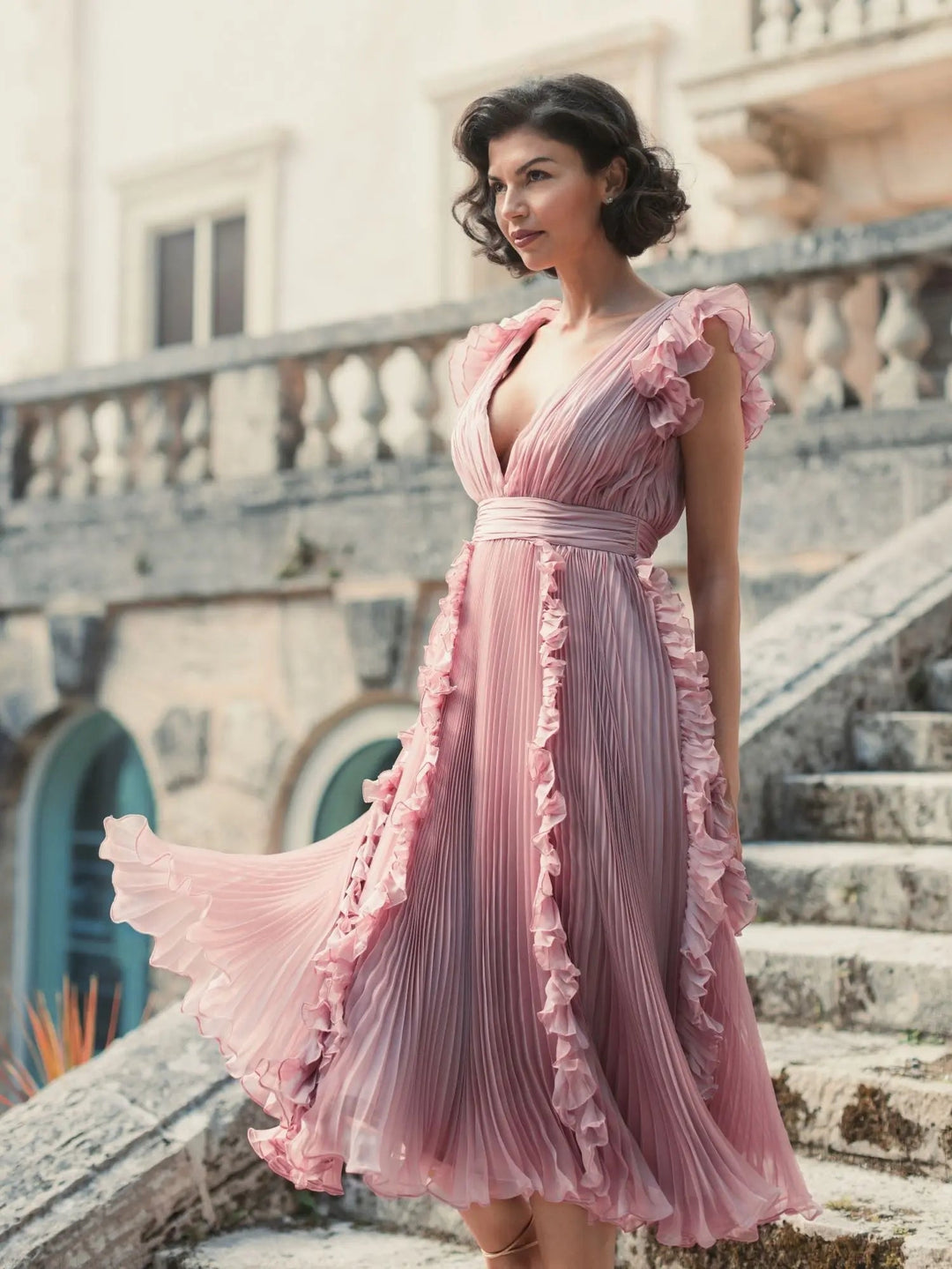 Mac Duggal 49675 Pleated Chiffon V Neck Ruffle Midi Dress