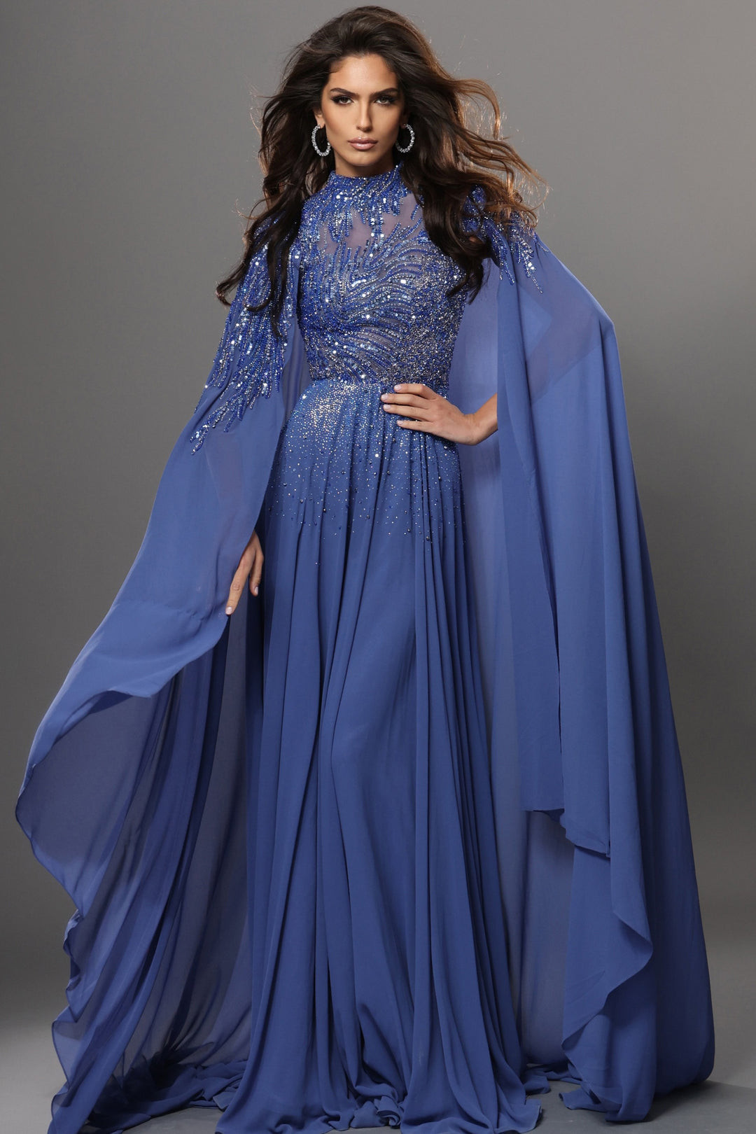 Jovani 49742 Beaded Cape Sleeves A Line Dress
