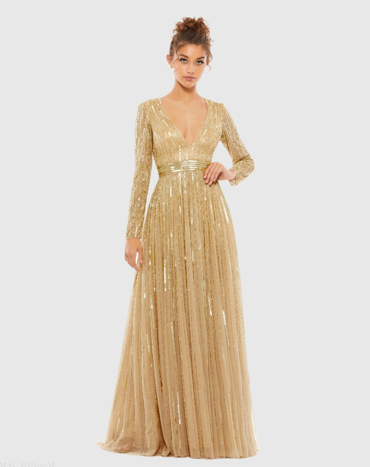 Mac Duggal 4977 Sequined V Neck Illusion Sleeve A Line Gown