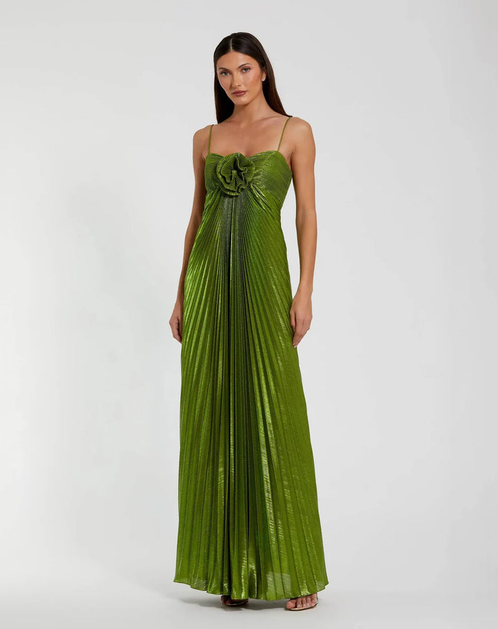 Mac Duggal 9949905P Petite Gold Metallic Pleated Gown with 3D Flower