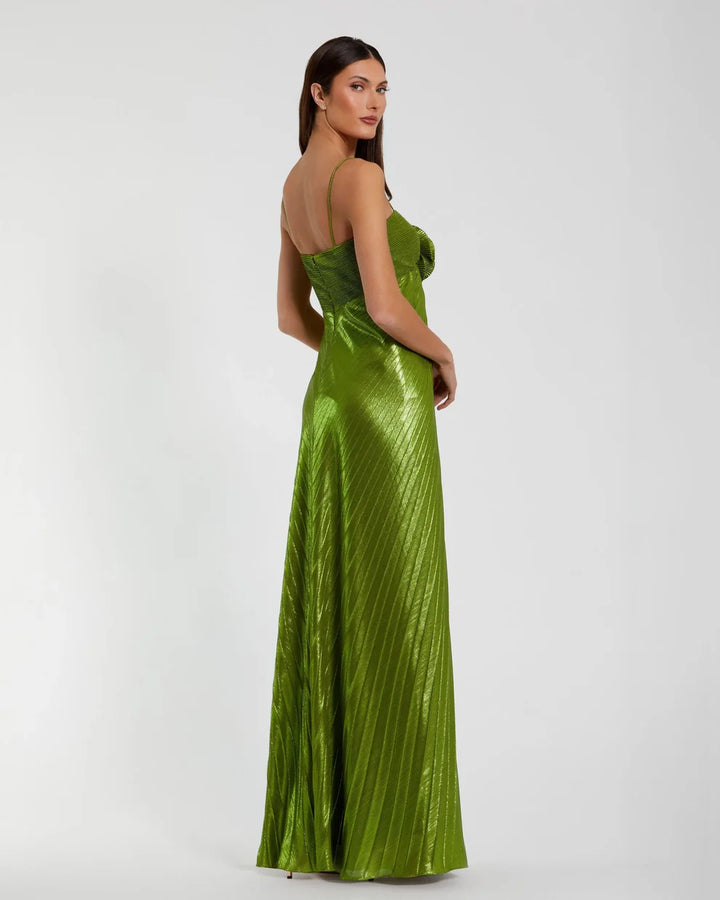 Mac Duggal 9949905P Petite Gold Metallic Pleated Gown with 3D Flower
