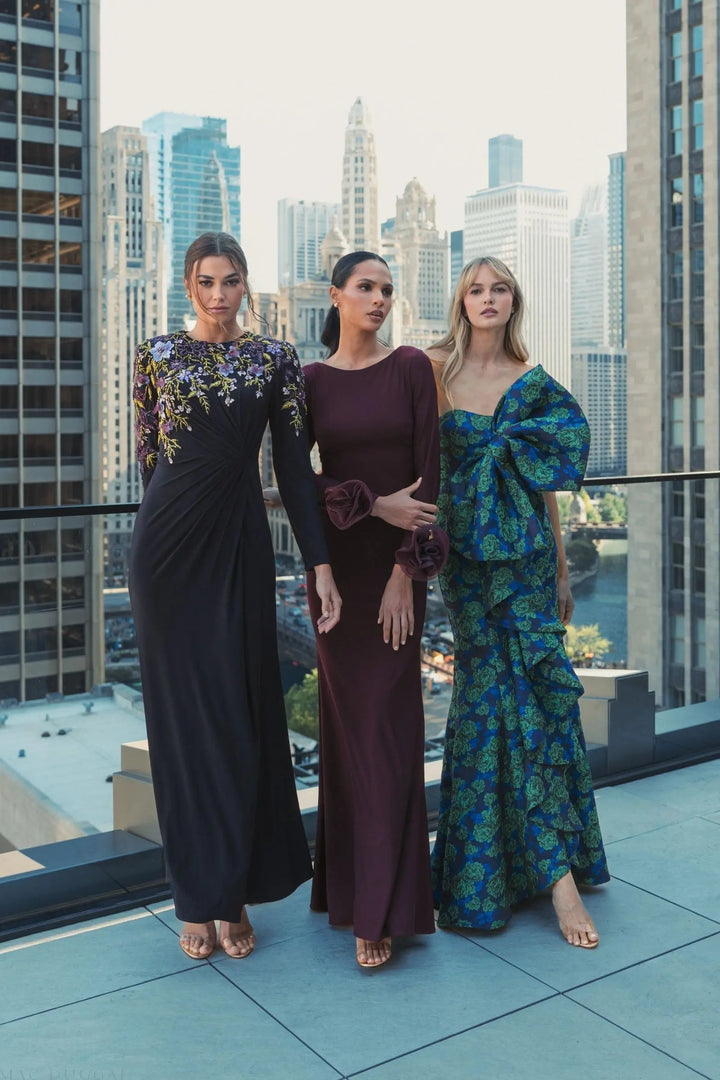 Mac Duggal 49949 Long Sleeve Fitted Jersey Gown With 3D Flowers
