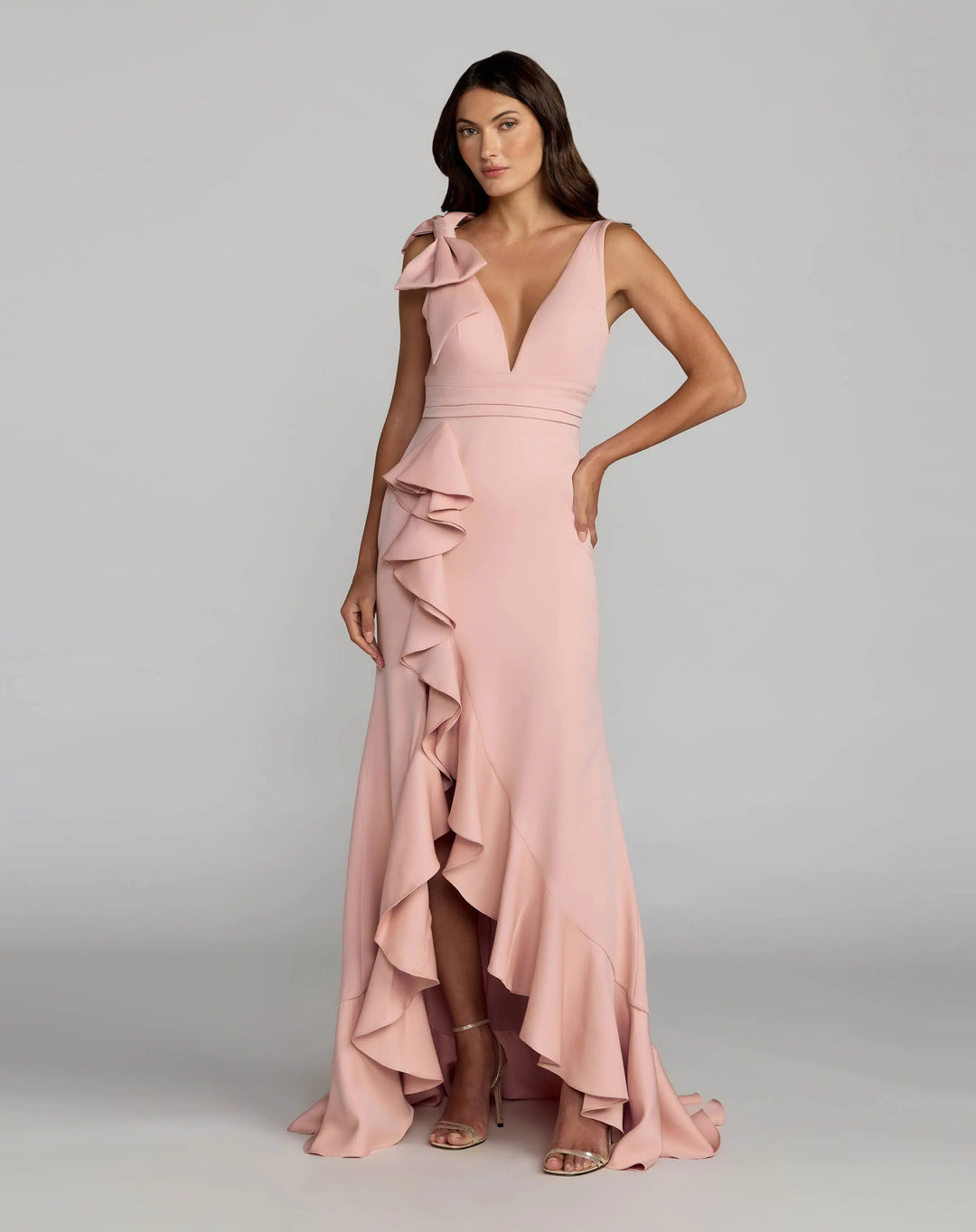 Pink Sleeveless Ruffled V-Neck Gown With Bow - FOSTANI.com