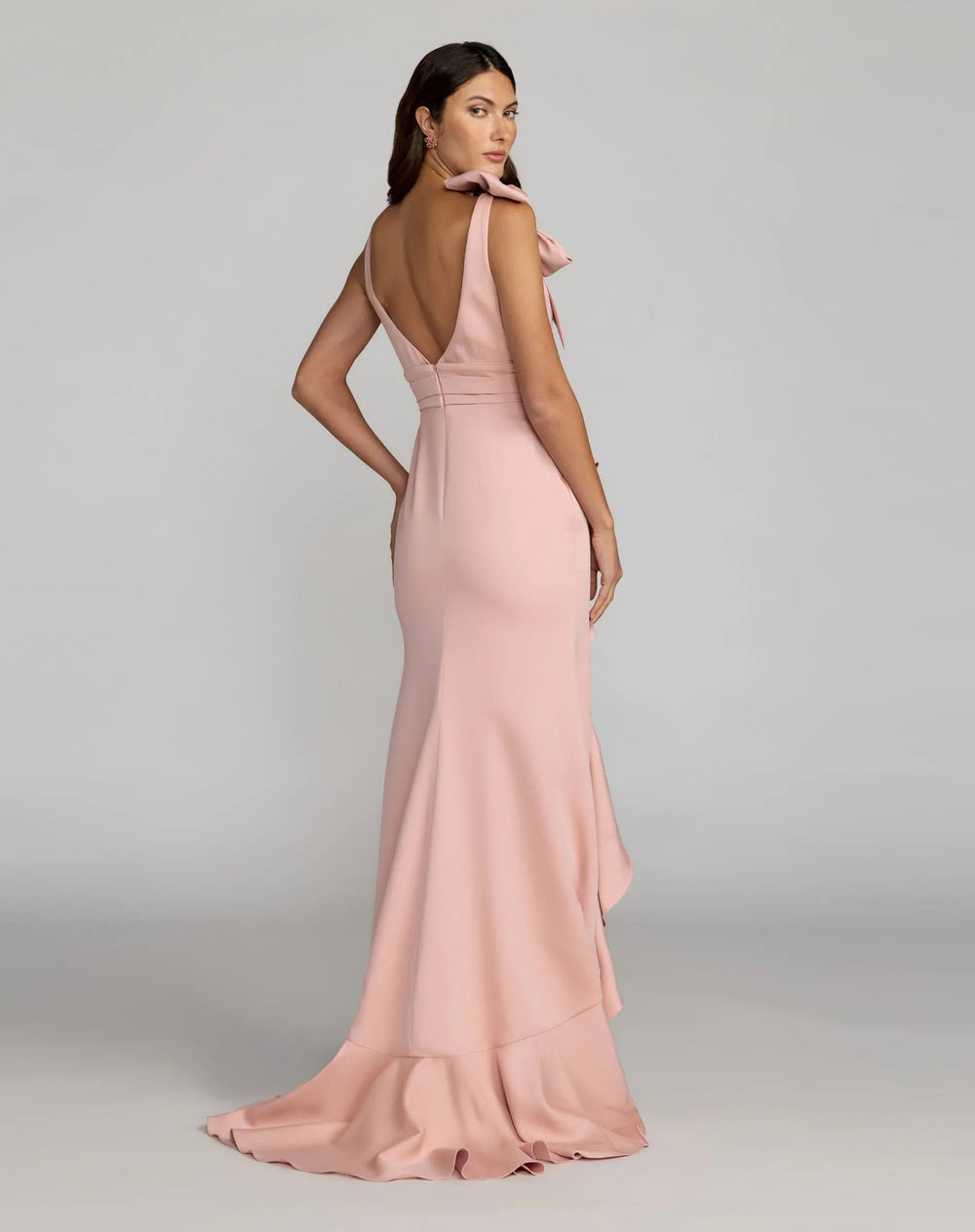 Pink Sleeveless Ruffled V-Neck Gown With Bow - FOSTANI.com